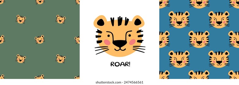 Hand drawn tiger for baby clothes, postcards. Vector illustration in doodle style. Set of seamless pattern with tiger.