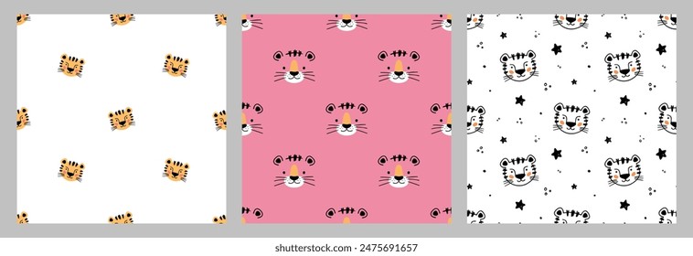 Hand drawn tiger for baby clothes. Vector illustration in doodle style. Set of seamless pattern with tiger.