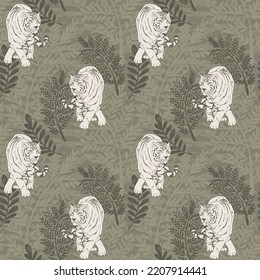 Hand Drawn tiger and branches with leaves on organic background, Vector Seamless pattern For fabrics, clothing, decoration, home decor, cards and templates, wrapping paper, kids prints.