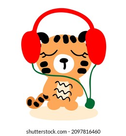 Hand drawn tiger cub listens to music with headphones. Perfect for T-shirt, poster, greeting card, and print. Doodle vector illustration for decor and design. 
