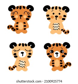 Hand drawn tiger cubs collection. Set of four cute tigris baby. Perfect for poster, greeting card, stickers and prints. Cartoon style vector illustration for decor and design.

