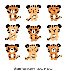 Hand drawn tiger cubs collection. Set of nine cute tigris baby. Perfect for poster, greeting card, stickers and prints. Cartoon style vector illustration for decor and design.
