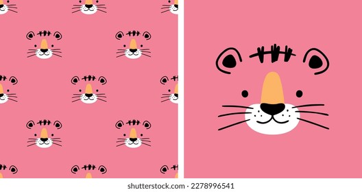 Hand drawn tiger for designing baby clothes. Vector illustration in doodle style on pink background. Postcard with tiger and seamless pattern. Cartoon Bohemian nursery print.