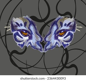 Hand drawn tiger eyes like a buttefly wings on dark background. Grunge tiger motif in blue-gray tonality for tattoos, graphics on the vehicle, labels, sport emblems, fabric, prints, interiors, etc.