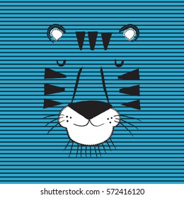 hand drawn tiger face on striped background, T-shirt design for kids vector illustration