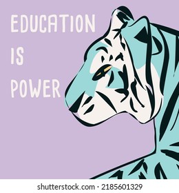 Hand drawn tiger with feminist phrase and message, girl power and feminism concept, flat vector illustration