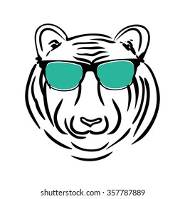 Hand drawn tiger with glasses. Modern design. Can be used for banner, poster, logo. Vector illustration