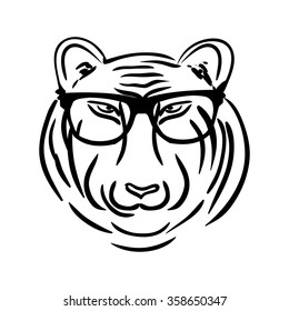 Hand drawn tiger with glasses. Modern design. Can be used for banner, poster, logo. Vector illustration