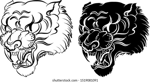 Hand drawn tiger haad vector for tattoo and sticker on white background.Traditional Japanese tiger head for painting and printing on wallpaper or t-shirt.