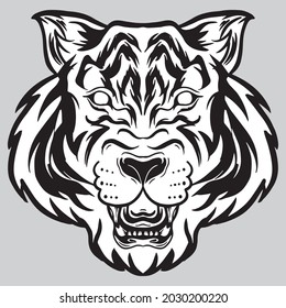 hand drawn tiger head illustration in black white