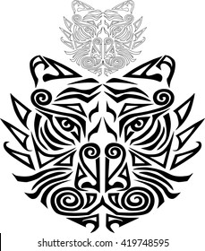 Hand Drawn Tiger Head Stylized Maori Face Tattoo. Vector