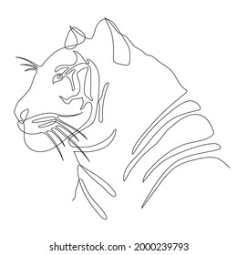 Hand drawn tiger icon, one line art, stylized continuous outline. Feline predator head logo, symbol of 2022 year. Doodle, sketch style. Isolated. Vector illustration