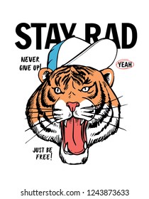 Hand drawn tiger illustration, with  hat and slogans. Vector graphics for t-shirt and other uses.