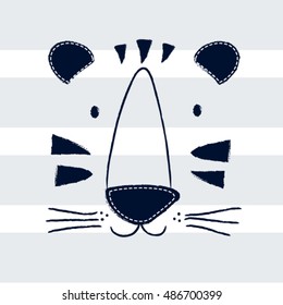 hand drawn tiger on striped background, T-shirt graphics for kids vector illustration