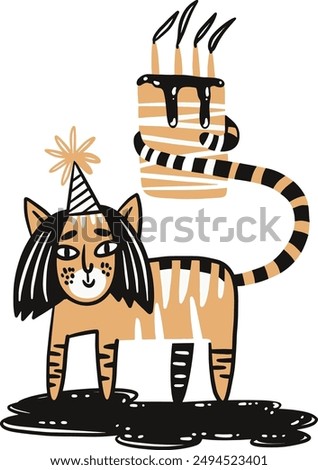 Hand drawn tiger in a party hat with a birthday cake tail