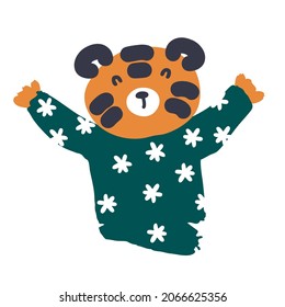 Hand drawn tiger in a pullover with snowflakes. Perfect for T-shirt, poster, textile, print and greeting card. Vector illustration for decor and design.

