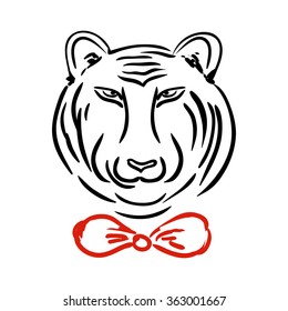 Hand drawn tiger with red bow. Modern design. Can be used for banner, poster, logo. Vectorillustration