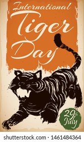 Hand drawn tiger in a scroll with reminder date to celebrate International Tiger Day this 29th July.