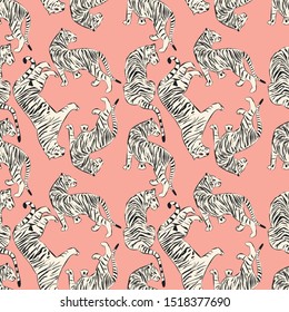 Hand drawn tiger seamless pattern, big cats in different position, white tigers on pink, exotic background, flat vector illustration