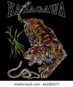 Hand drawn tiger and snake with typography vector for t shirt printing or embroidery, Printed tee. Bomber jacket embroidery