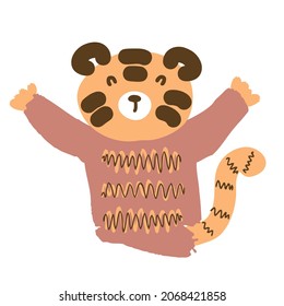 Hand drawn tiger in a striped jumper. Perfect for T-shirt, poster, textile, print and greeting card. Vector illustration for decor and design.

