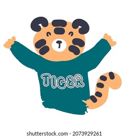 Hand drawn tiger in a sweater with the inscription TIGER. Perfect for T-shirt, poster, textile, print and greeting card. Vector illustration for decor and design.

