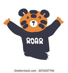 Hand drawn tiger in a sweater with the inscription ROAR. Perfect for T-shirt, poster, textile, print and greeting card. Vector illustration for decor and design.

