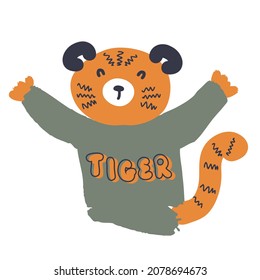 Hand drawn tiger in a sweater with the inscription TIGER. Perfect for T-shirt, poster, textile, print and greeting card. Vector illustration for decor and design.

