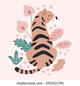 Hand drawn tiger with tropical flowers and leaves on pink background. Doodle abstract plants. Jungle vector illustration.