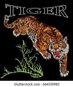 Hand drawn tiger with typography vector for t shirt printing or embroidery. Bomber jacket embroidery