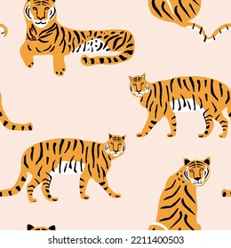 Hand drawn Tiger in various poses vector seamless pattern. Trendy tiger print, seamless pattern with tigers in different poses. Flat vector illustration for prints, clothing and wallpaper.
