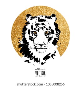 Hand drawn tiger vector black and white ink with gold glitter background portrait. Wild animal art illustration for t-shirt print design, tattoo, logo icon, fashion card label.