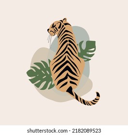 Hand drawn tigers with leaves background Vector
