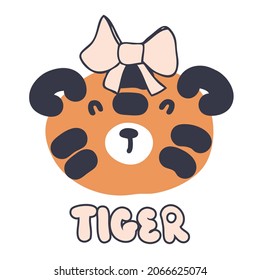 Hand drawn tigress girl with a bow. Perfect for T-shirt, poster, textile, print and greeting card. Vector illustration for decor and design.