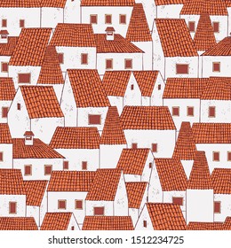 Hand drawn tiled roofs of houses.  Vector  seamless pattern.