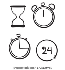 hand drawn Time and Clock set.  Time management. Timer, Speed, Alarm, Restore, Time Management, symbol doodle