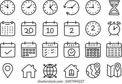 Gerenciamento de Tempo Desenhado à Mão e Ícones de Arte de Linha de Calendário Definidos para Conceitos de Design de Programação, Planejamento e Organização