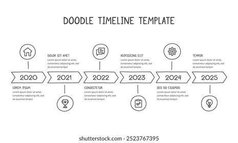 Hand drawn timeline infographics template with six arrows, vector eps10 illustration