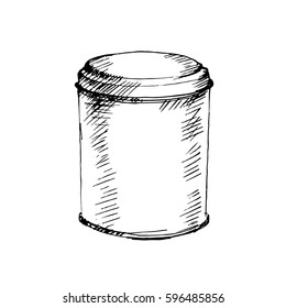 Hand drawn tin box with lid isolated on white. Sketch, vector illustration.