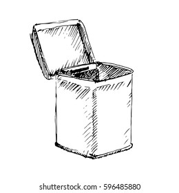 Hand drawn tin box with opened lid isolated on white. Sketch, vector illustration.