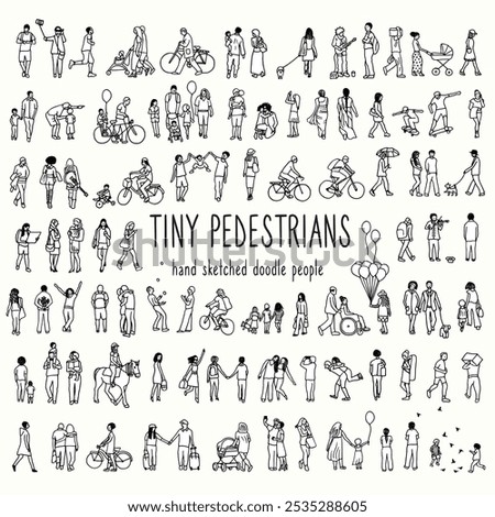  Hand drawn tiny pedestrians, ink drawing of urban people walking, black and white outline illustration