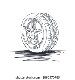 hand drawn tire and rim on white background. automobile wheel. outline car wheel