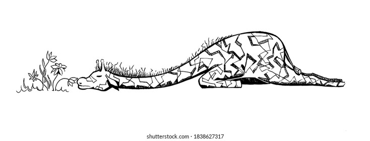 Hand drawn tired giraffe lies on the grass, sniffs flowers. Vector isolated on white background.