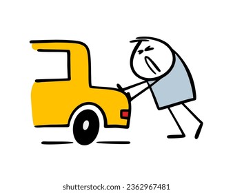 Un hombre cansado y atraído por la mano empuja un auto de taxi amarillo. Ilustración vectorial de un vehículo defectuoso y un conductor triste sin habilidades. Carácter plano aislado sobre fondo blanco.