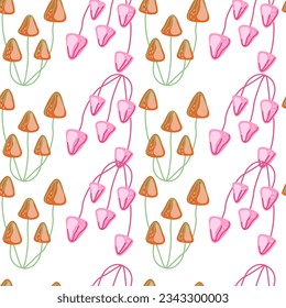 Hand drawn toadstool mushrooms seamless pattern. Magical fly agaric wallpaper. Design for printing, textile, fabric, fashion, interior, wrapping paper. Vector illustration