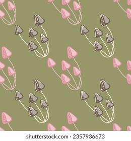 Hand drawn toadstool mushrooms seamless pattern. Magical fly agaric wallpaper. Design for printing, textile, fabric, fashion, interior, wrapping paper. Vector illustration
