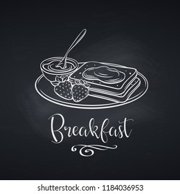 Hand drawn toast with jam on chalkboard. Vector illustration concept breakfast for food menu design. Retro style