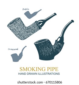 Hand drawn tobacco pipes. 
Old fashioned smoking pipe set. 