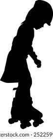 Hand drawn toddler roller skating silhouette. Kids playing outdoor activity full body illustration