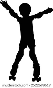 Hand drawn toddler roller skating silhouette. Kids playing outdoor activity full body illustration